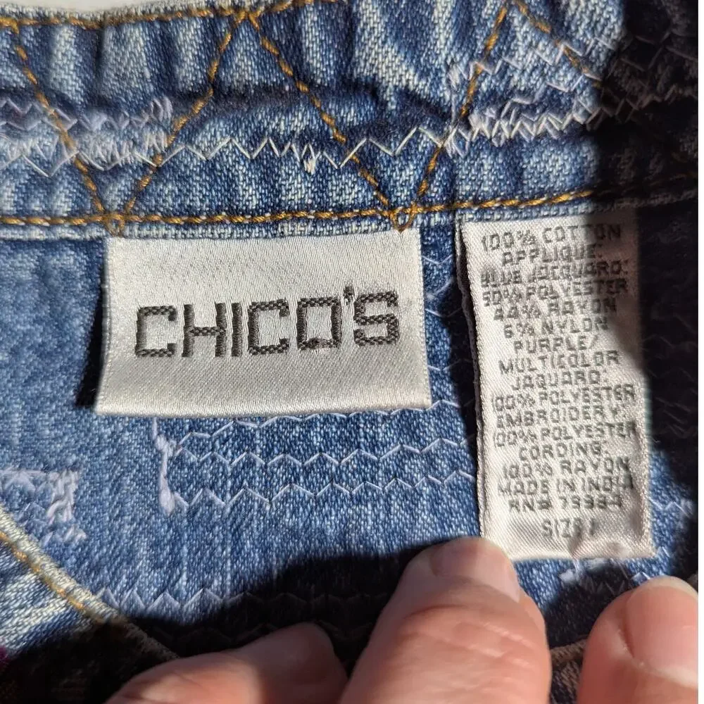 Vtg 1990s Chico's Blue Light Wash Colorful Patchwork Collarless Denim Jacket 1 M